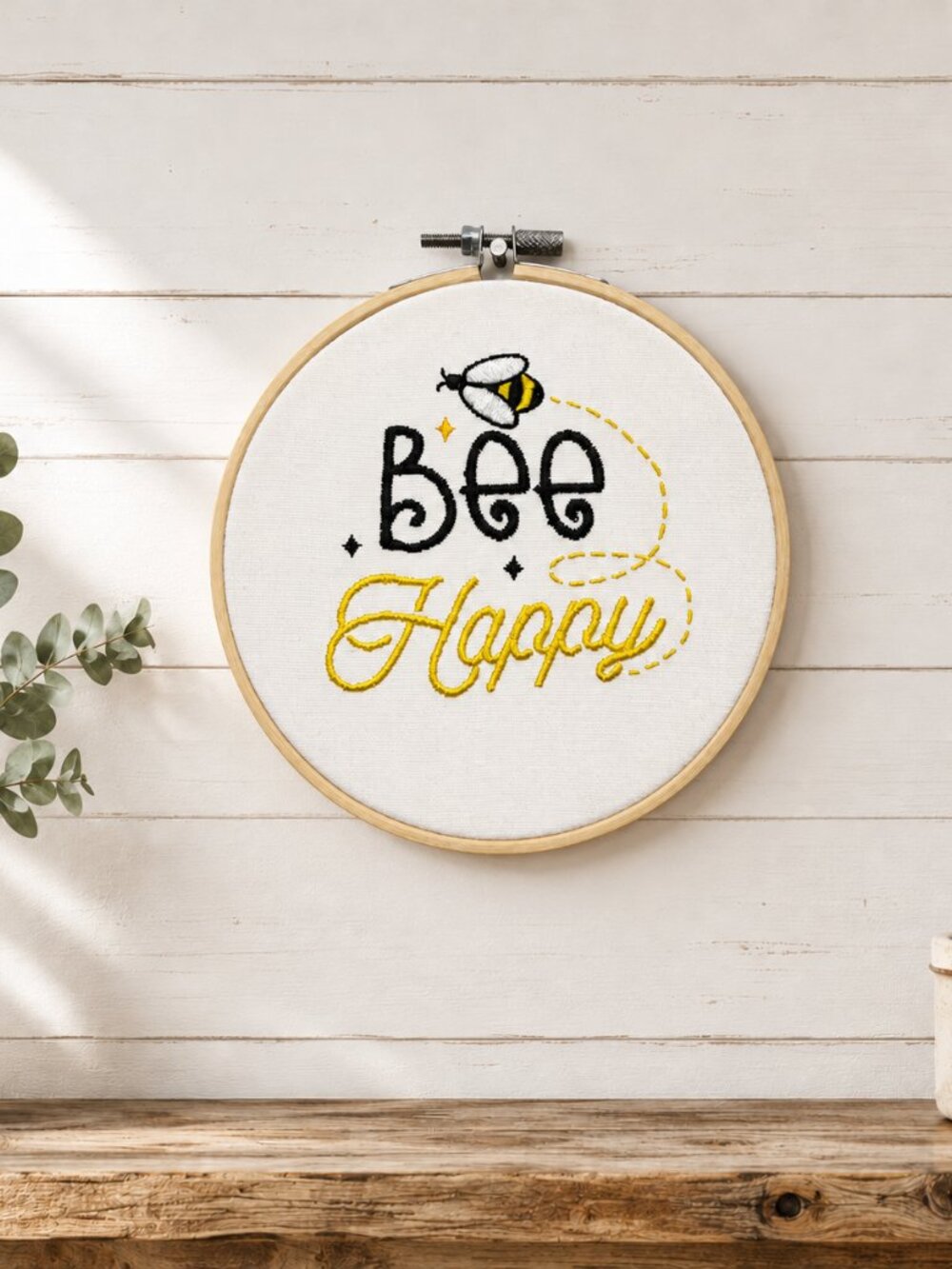 Bee Happy Embroidery Hoop Wall Art, 6 Inch Embroidery Decor